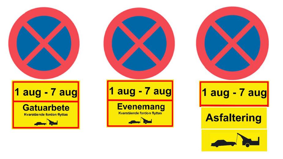 Exempel på skyltning vid förbud att stanna och parkera