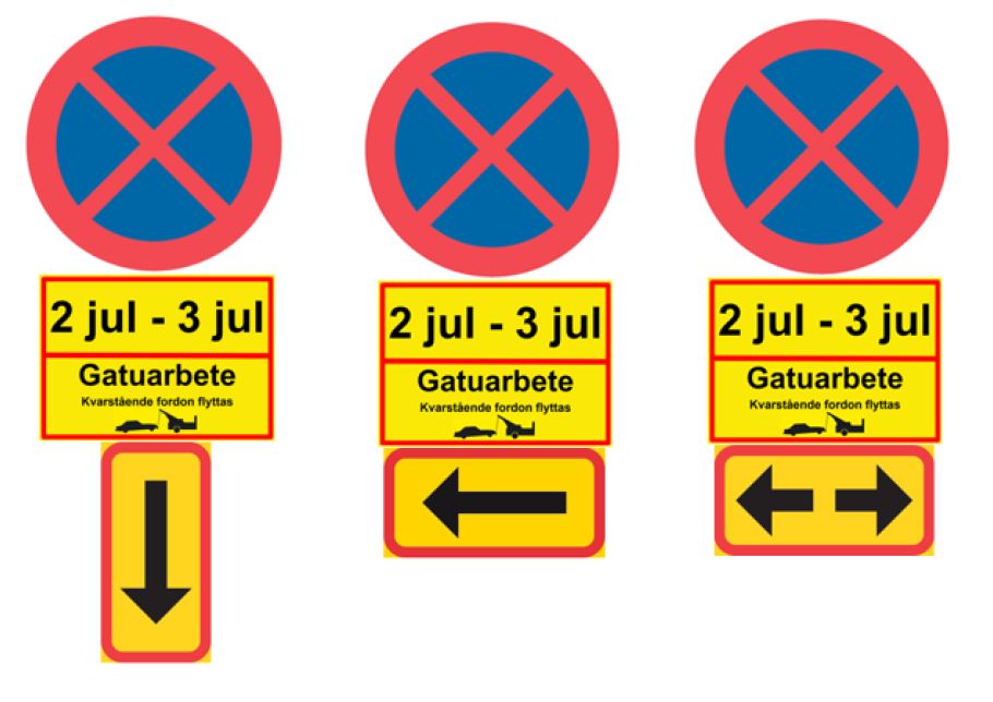 Exempel på skyltning vid förbud att stanna och parkera